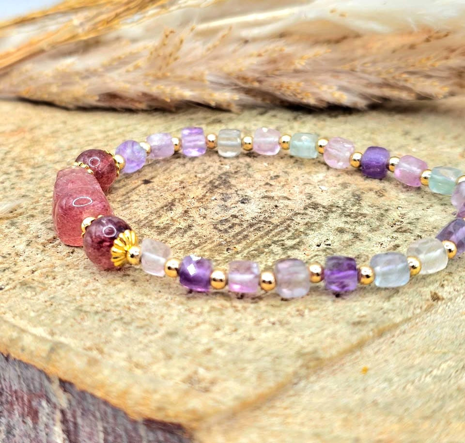 Natural mixed colors fluorite strawberry quartz Pi Xiu feng shui bracelet — My Aura Gemstones