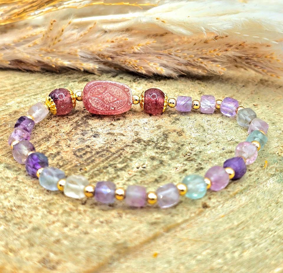 Natural mixed colors fluorite strawberry quartz Pi Xiu feng shui bracelet — My Aura Gemstones