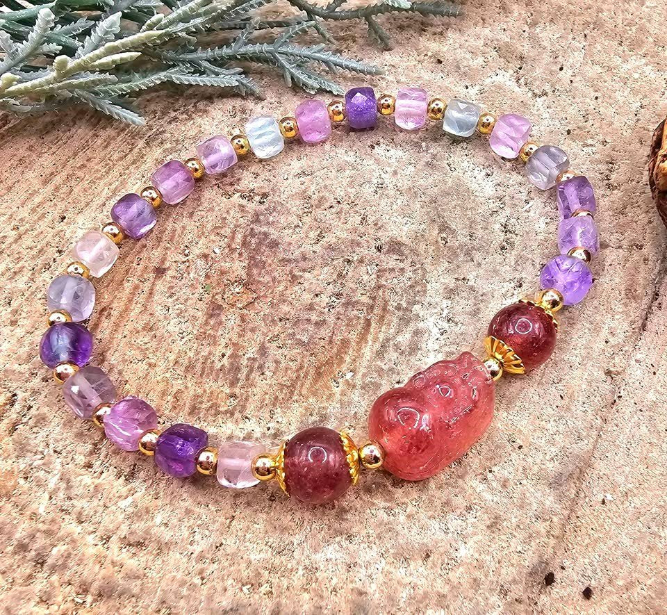 Natural mixed colors fluorite strawberry quartz Pi Xiu feng shui bracelet — My Aura Gemstones