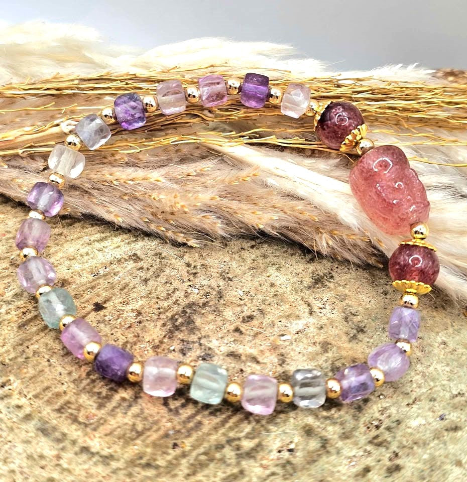 Strawberry Quartz Pi Xiu Bracelet | Mixed Fluorite Cube Beads | Flashy Faceted Crystal | Healing Energy Jewelry-My Aura Gemstones