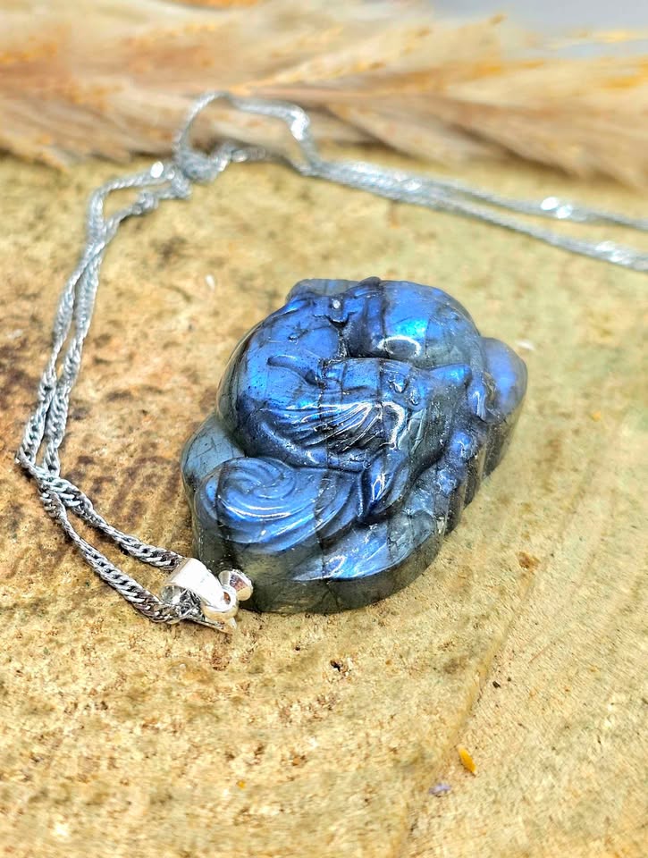 Labradorite carved sleeping nine tails fox pendant necklace close-up — My Aura Gemstones