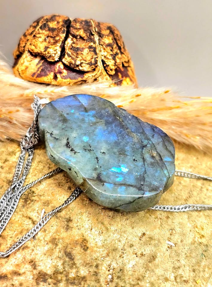 Labradorite carved sleeping nine tails fox pendant necklace close-up — My Aura Gemstones