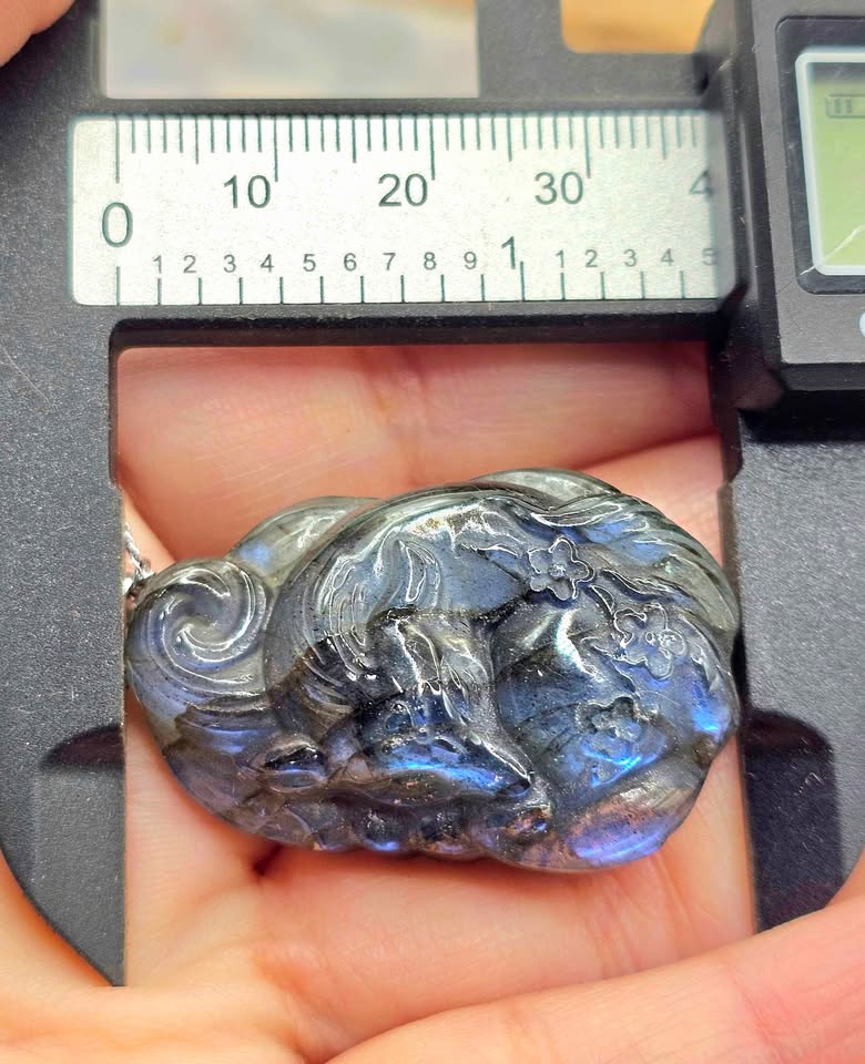 Labradorite carved sleeping nine tails fox pendant necklace close-up — My Aura Gemstones