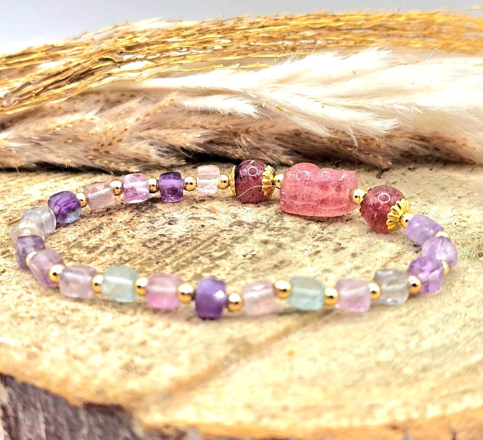 Natural mixed colors fluorite strawberry quartz Pi Xiu feng shui bracelet — My Aura Gemstones
