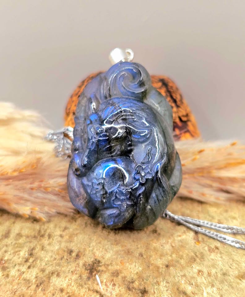 Labradorite carved sleeping nine tails fox pendant necklace close-up — My Aura Gemstones