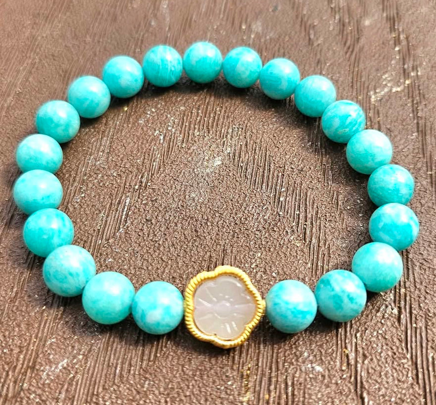 Natural Amazonite blue gemstone bracelet with gold cherry blossom charm-My Aura Gemstones