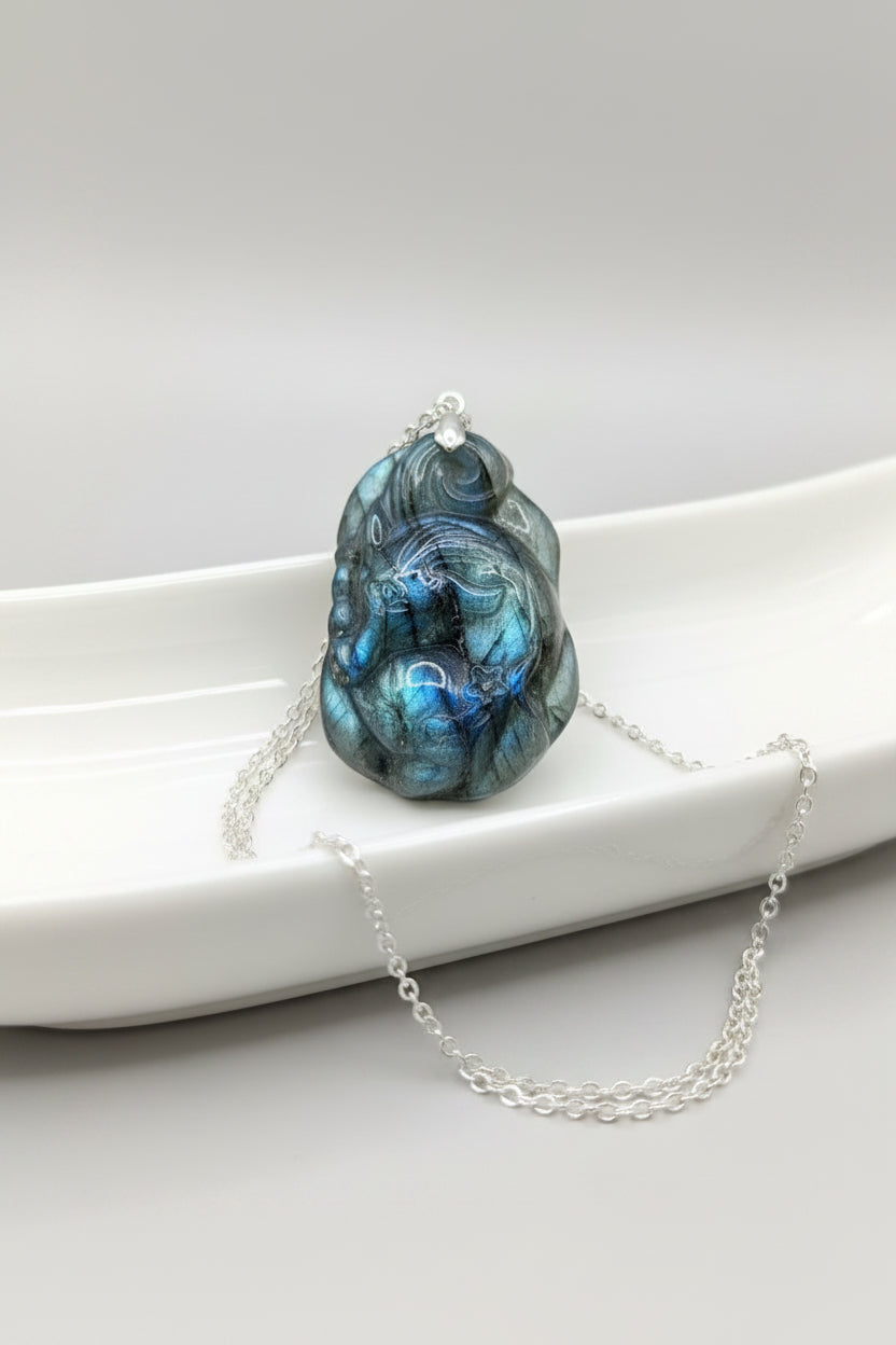 Labradorite carved sleeping nine tails fox pendant necklace close-up — My Aura Gemstones