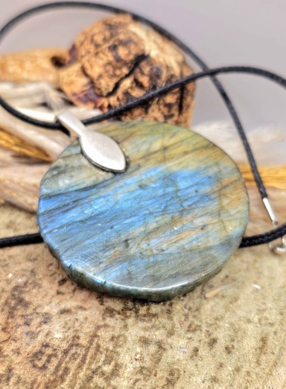 Natural Labradorite Carved Large Nine Tails Fox Looking Up Under Blossoms Pendant Necklace