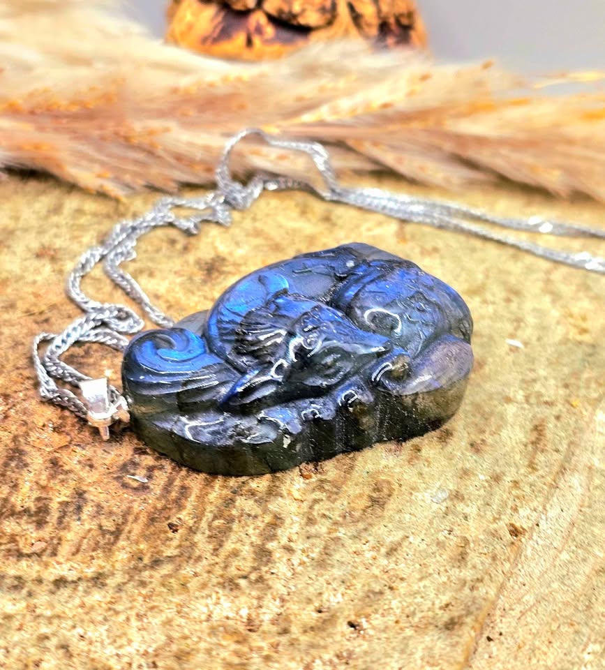 Labradorite carved sleeping nine tails fox pendant necklace close-up — My Aura Gemstones