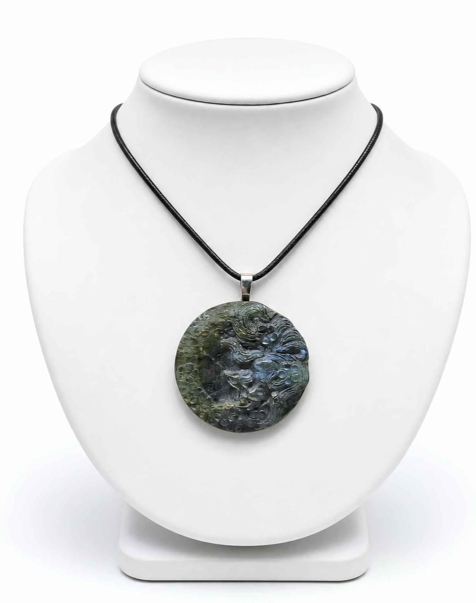 Natural Labradorite Carved Large Nine Tails Fox Looking Up Under Blossoms Pendant Necklace