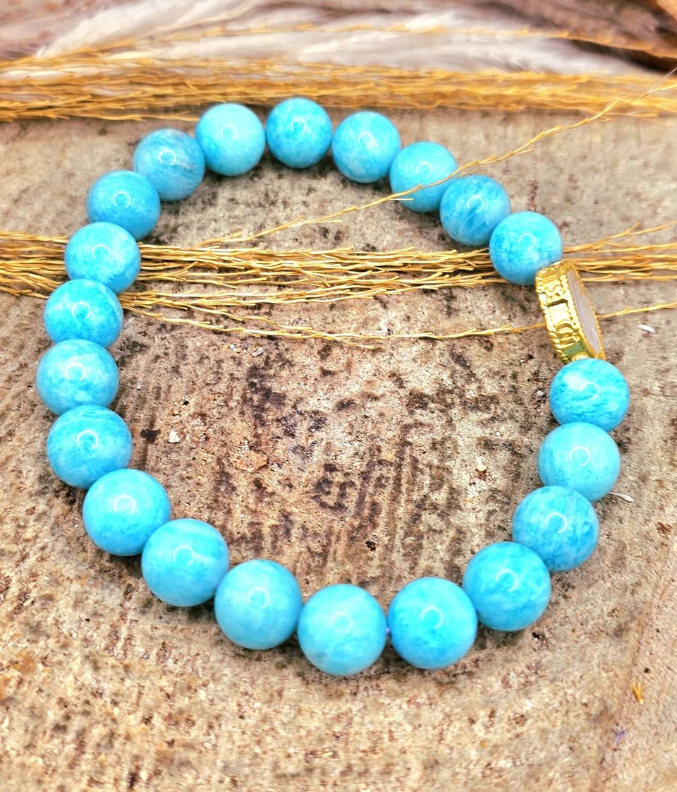 Natural Amazonite Healing Bracelet with Gold Cherry Blossom Charm – Calming Blue Gemstone Jewelry
