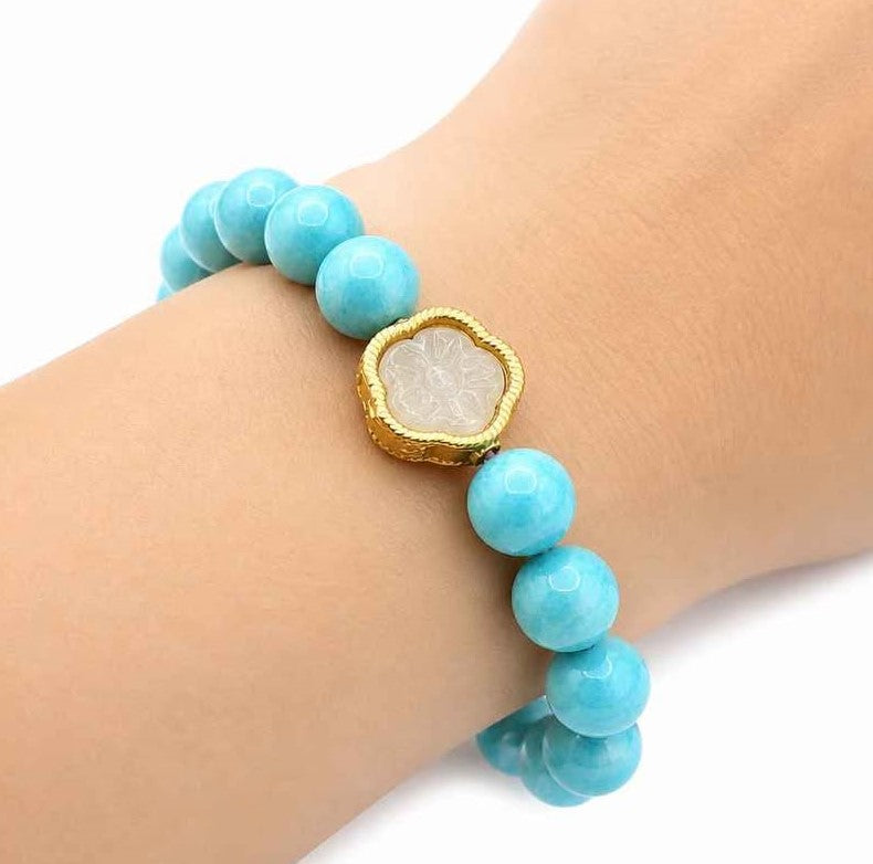 Natural Amazonite blue gemstone bracelet with gold cherry blossom charm-My Aura Gemstones