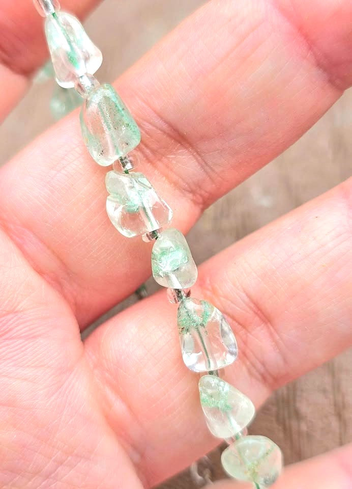 Natural green garden quartz nugget bracelet worn on wrist — My Aura Gemstones