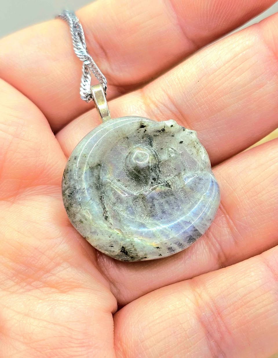 Hand-carved labradorite castle on crescent moon pendant with rainbow flash — My Aura Gemstones