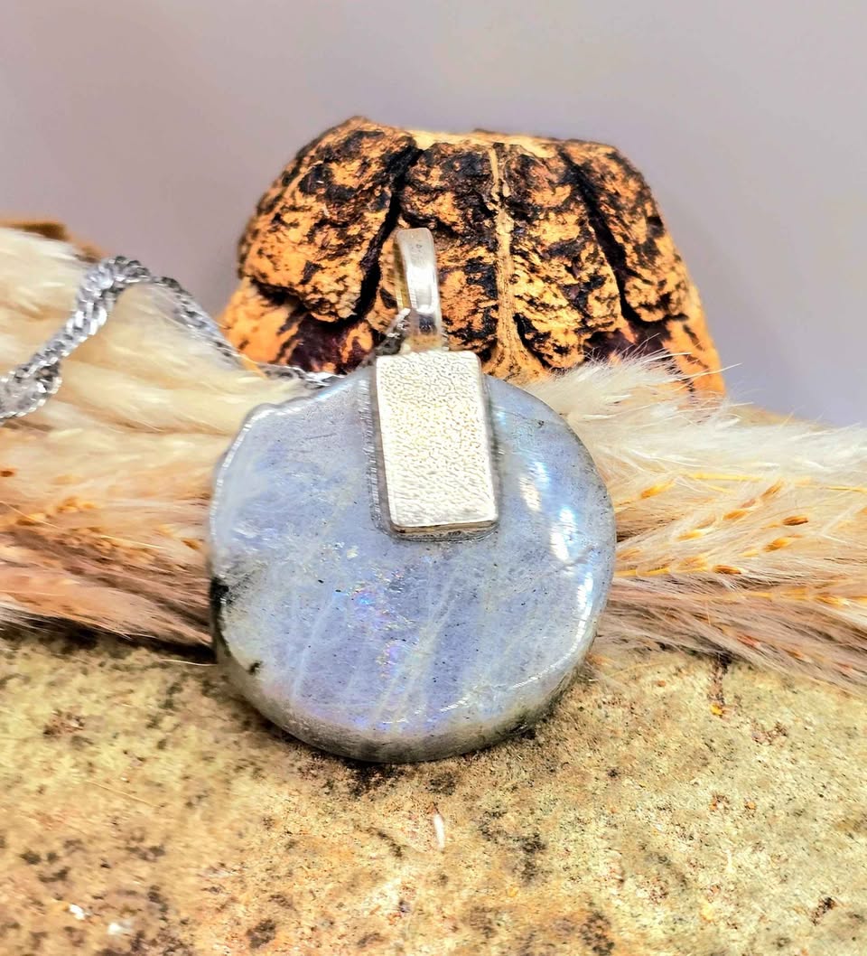 Hand-carved labradorite castle on crescent moon pendant with rainbow flash — My Aura Gemstones