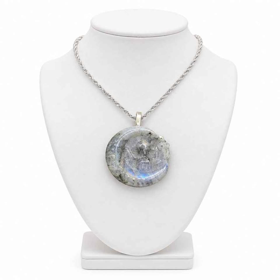 Hand-carved labradorite castle on crescent moon pendant with rainbow flash — My Aura Gemstones