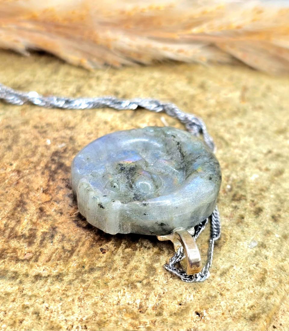Hand-carved labradorite castle on crescent moon pendant with rainbow flash — My Aura Gemstones
