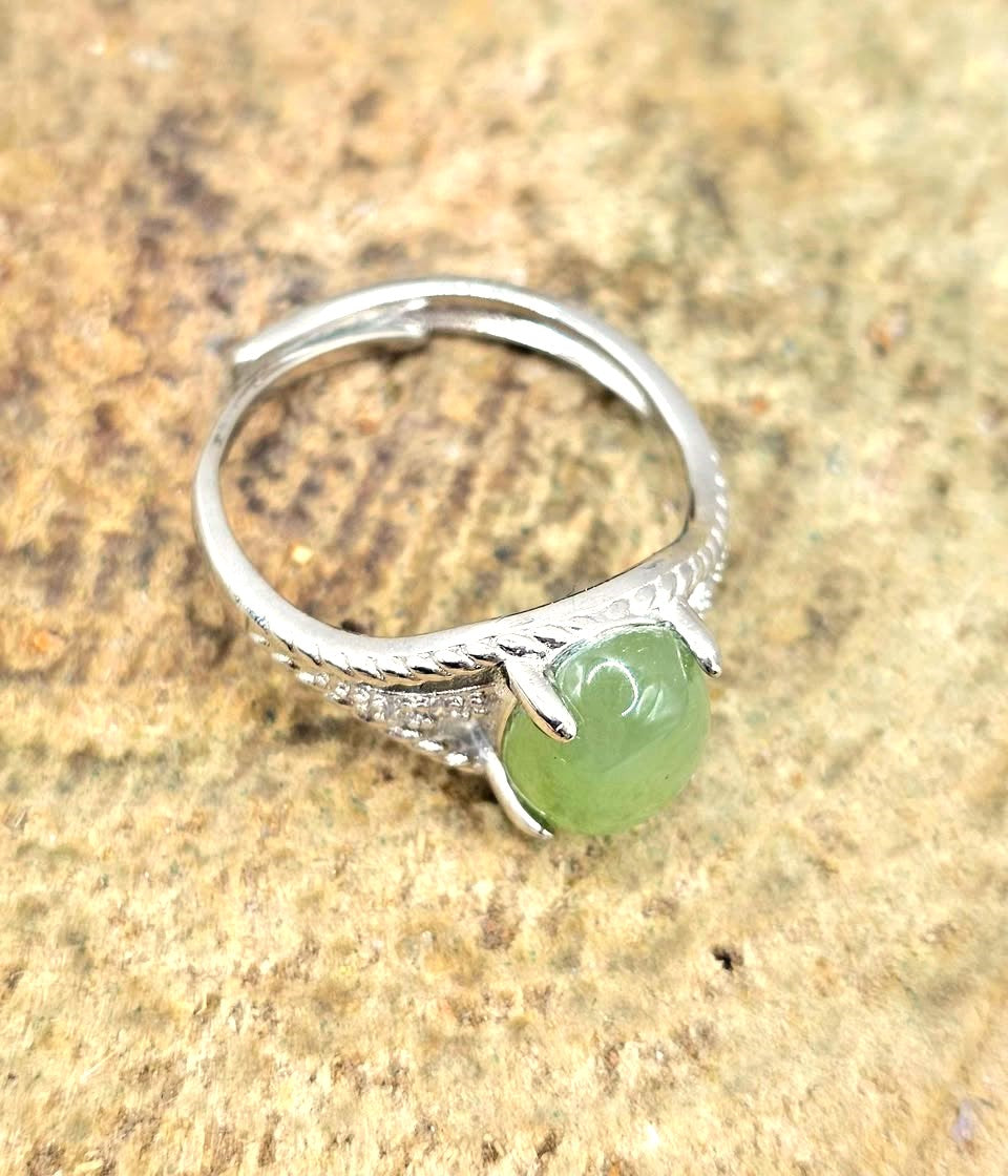 Natural Prehnite adjustable ring with green oval cabochon and twisted rope band - My Aura Gemstones