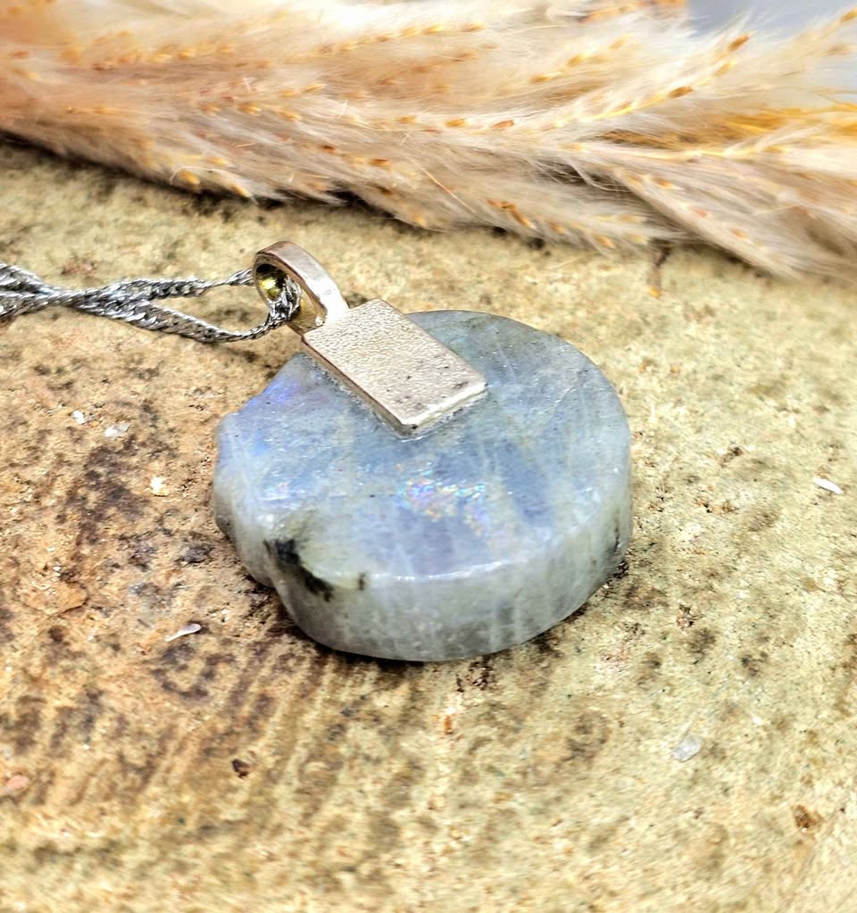 Hand-carved labradorite castle on crescent moon pendant with rainbow flash — My Aura Gemstones