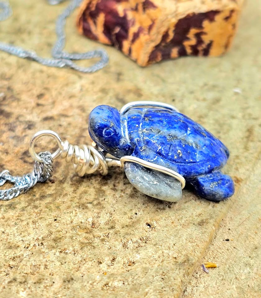 Natural lapis lazuli carved cute turtle wire wrapped crystal pendant necklace — My Aura Gemstones