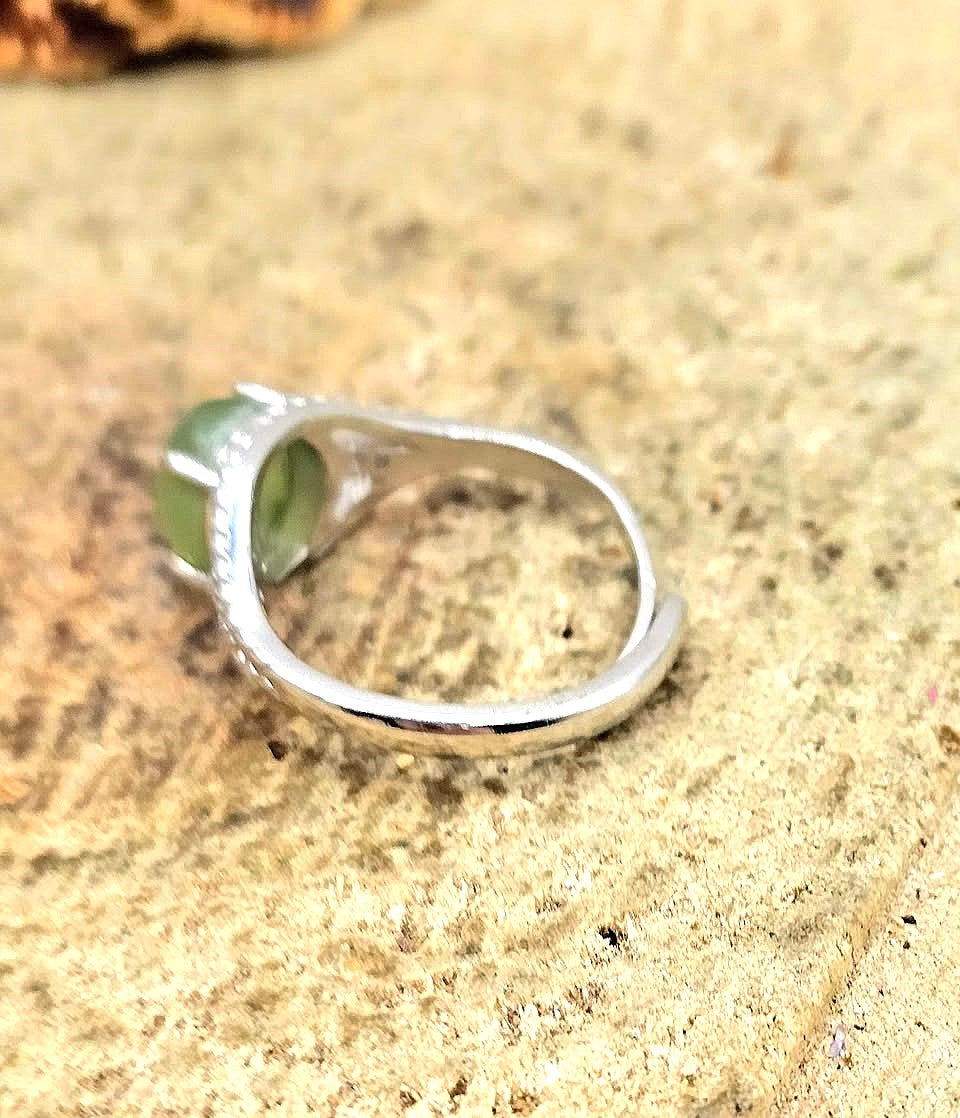 Natural Prehnite adjustable ring with green oval cabochon and twisted rope band - My Aura Gemstones