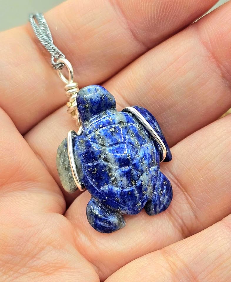 Natural lapis lazuli carved cute turtle wire wrapped crystal pendant necklace — My Aura Gemstones
