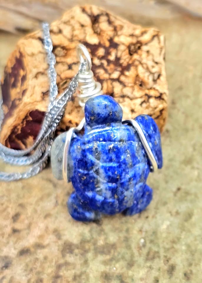 Natural lapis lazuli carved cute turtle wire wrapped crystal pendant necklace — My Aura Gemstones