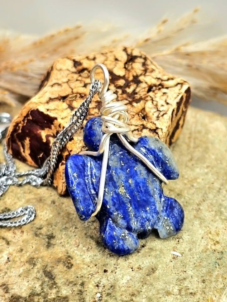 Natural lapis lazuli carved cute turtle wire wrapped crystal pendant necklace — My Aura Gemstones