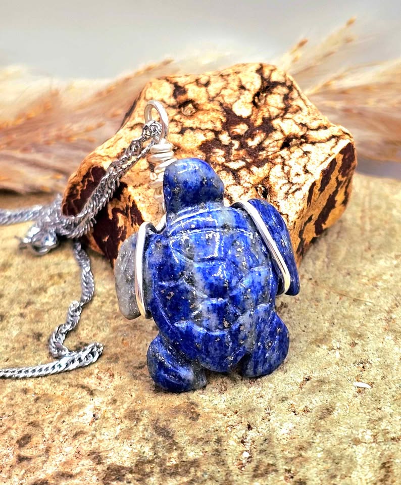 Natural lapis lazuli carved cute turtle wire wrapped crystal pendant necklace — My Aura Gemstones