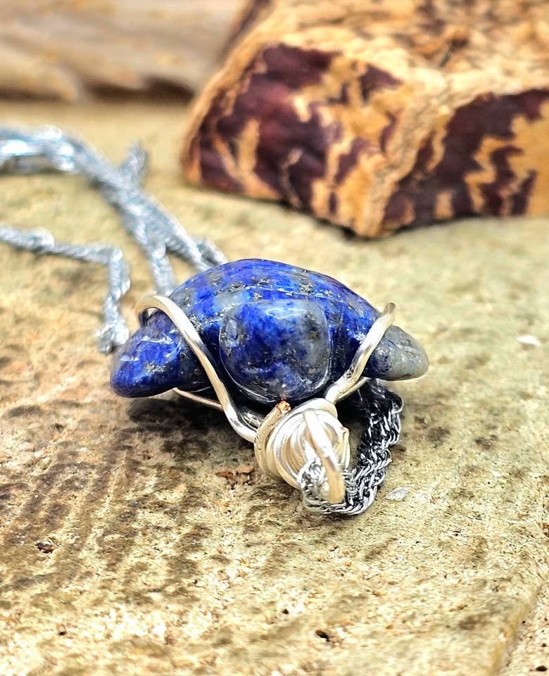 Natural lapis lazuli carved cute turtle wire wrapped crystal pendant necklace — My Aura Gemstones