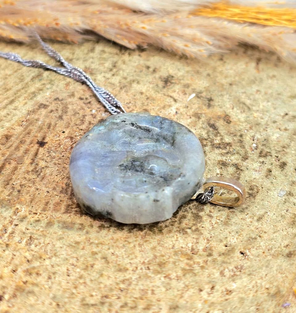 Hand-carved labradorite castle on crescent moon pendant with rainbow flash — My Aura Gemstones