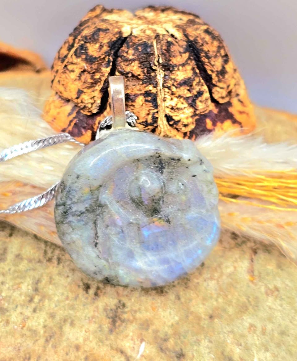 Hand-carved labradorite castle on crescent moon pendant with rainbow flash — My Aura Gemstones