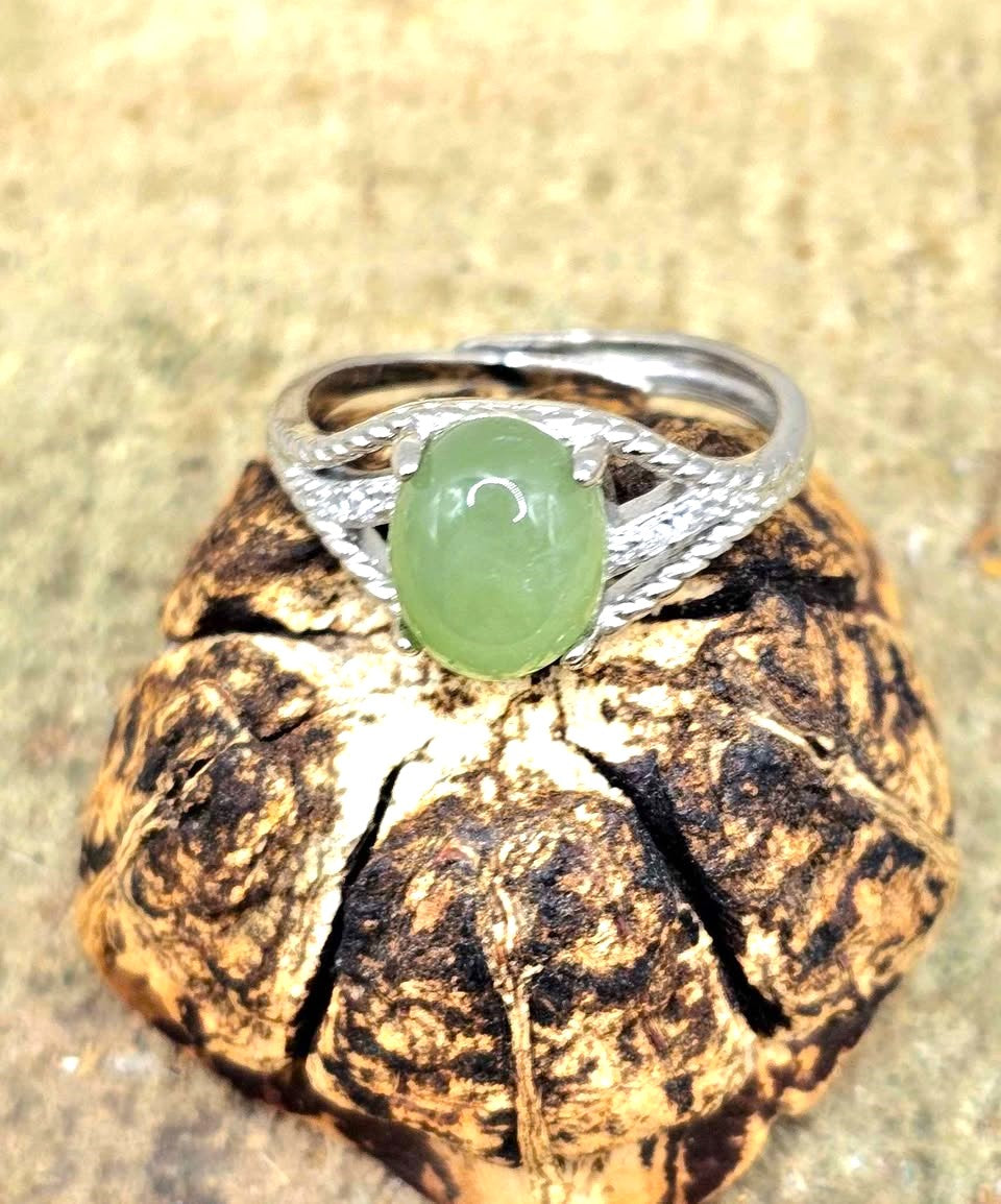 Natural Prehnite adjustable ring with green oval cabochon and twisted rope band - My Aura Gemstones
