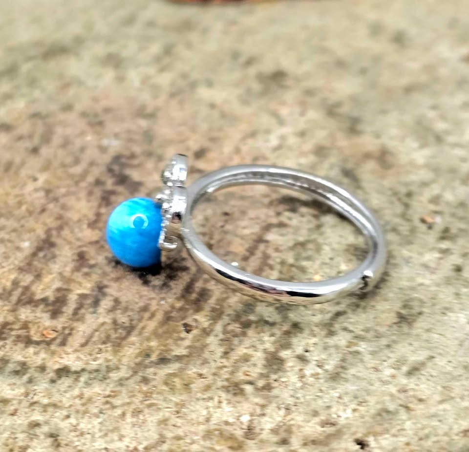Natural Blue Apatite Owl Adjustable Ring featuring a genuine blue gemstone with a detailed silver-tone owl design.