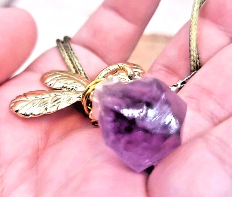 Unique Nature Amethyst Crystal Point Gold Metal Leaf & Stem Big Carrot Necklace