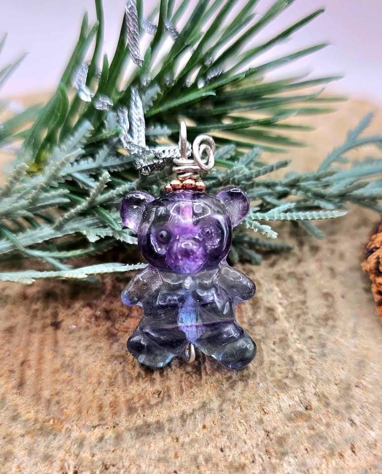 Nature Rainbow Fluorite Carved Bear Pendant Necklace