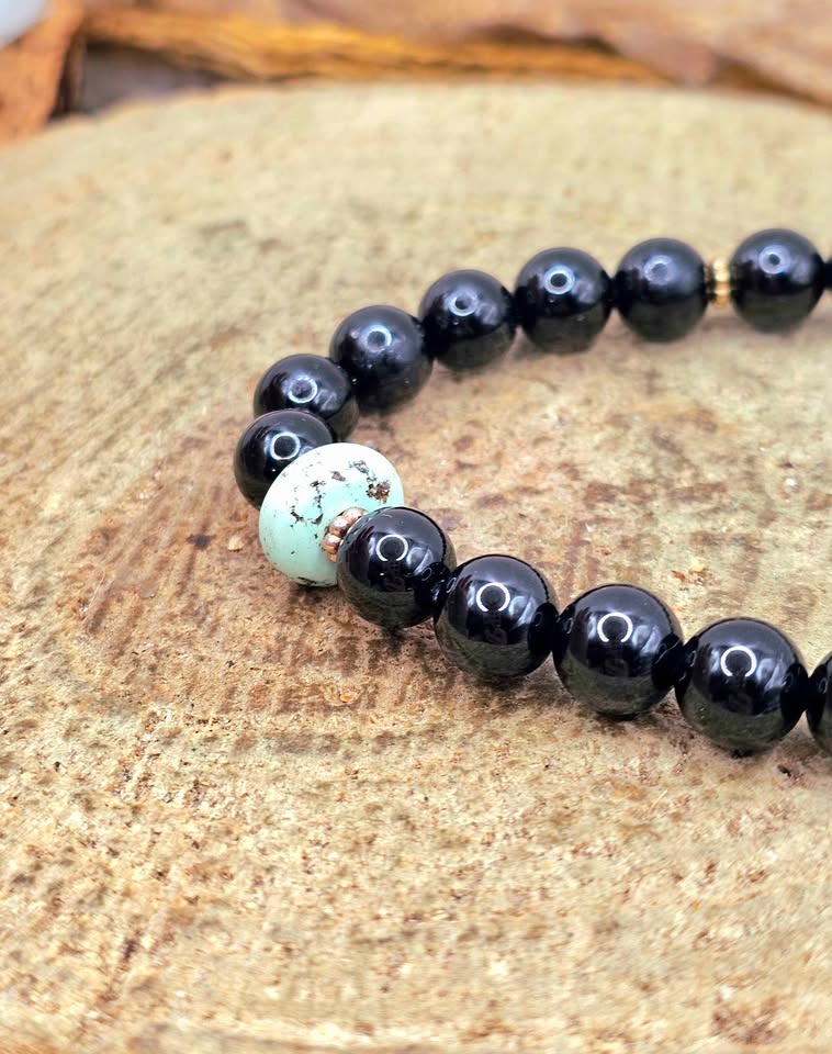 Black obsidian bracelet with turquoise donut and gold opal charm, 10mm natural crystal beads. My Aura Gemstones