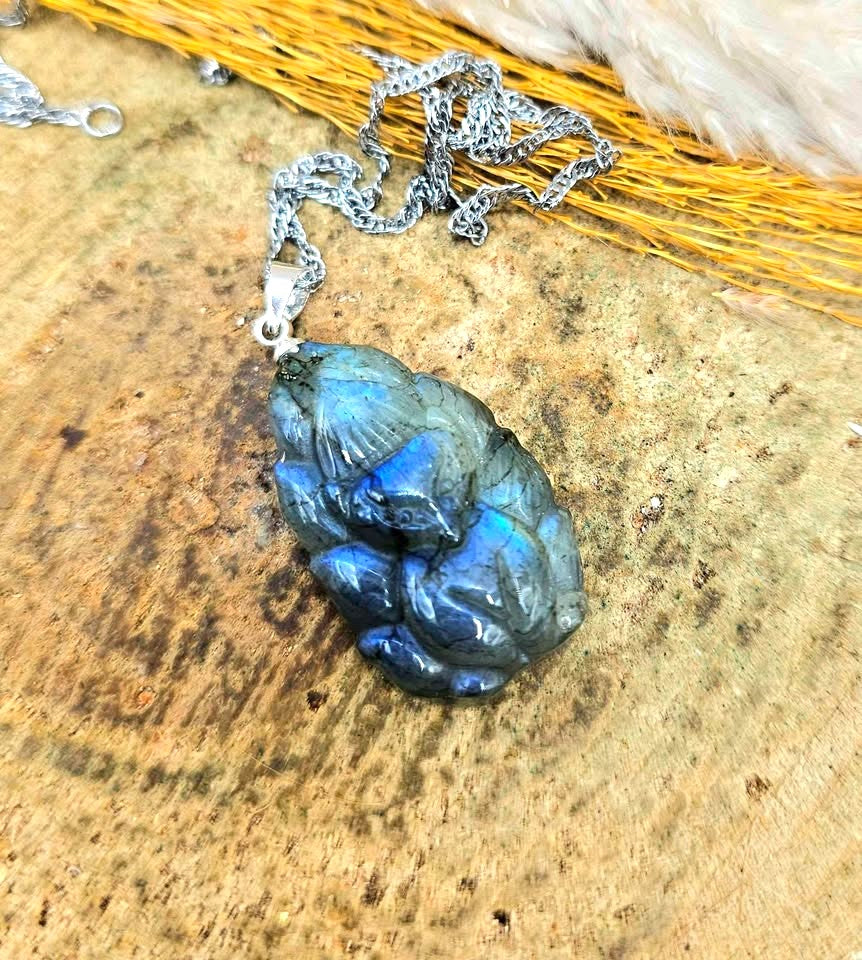 Natural labradorite carved standing nine tails fox with spreading tails crystal pendant necklace — My Aura Gemstones