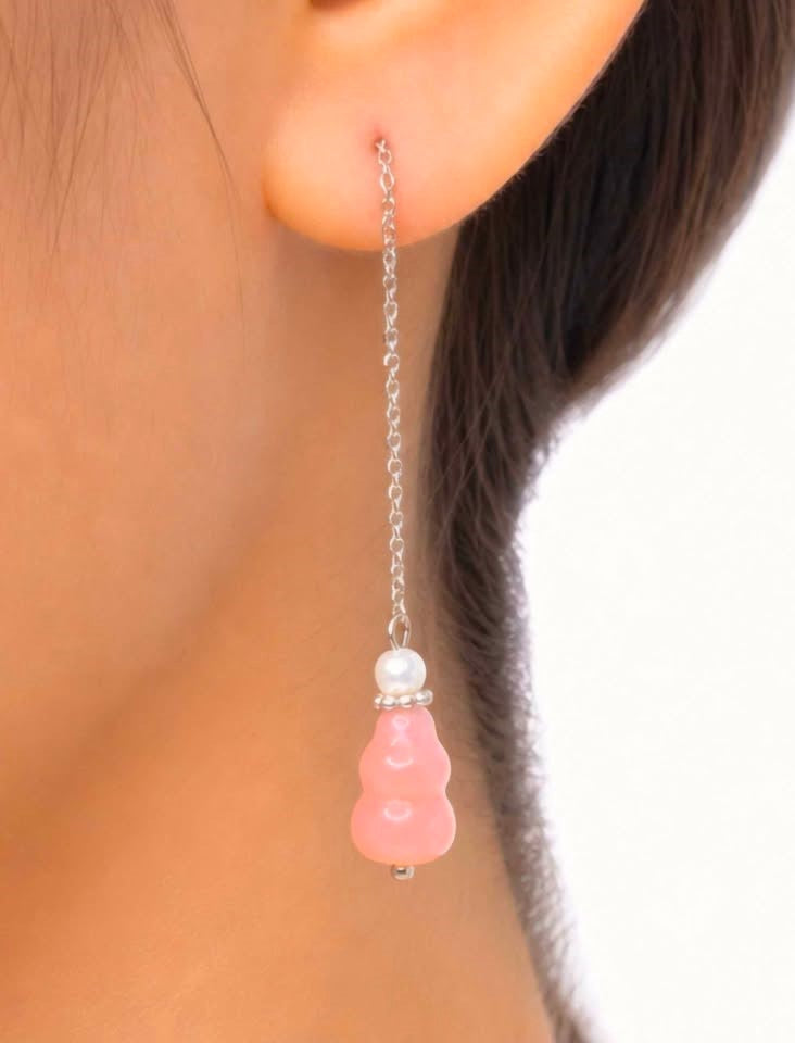Pink agate blessing gourd dangle earrings with long silver chain threader