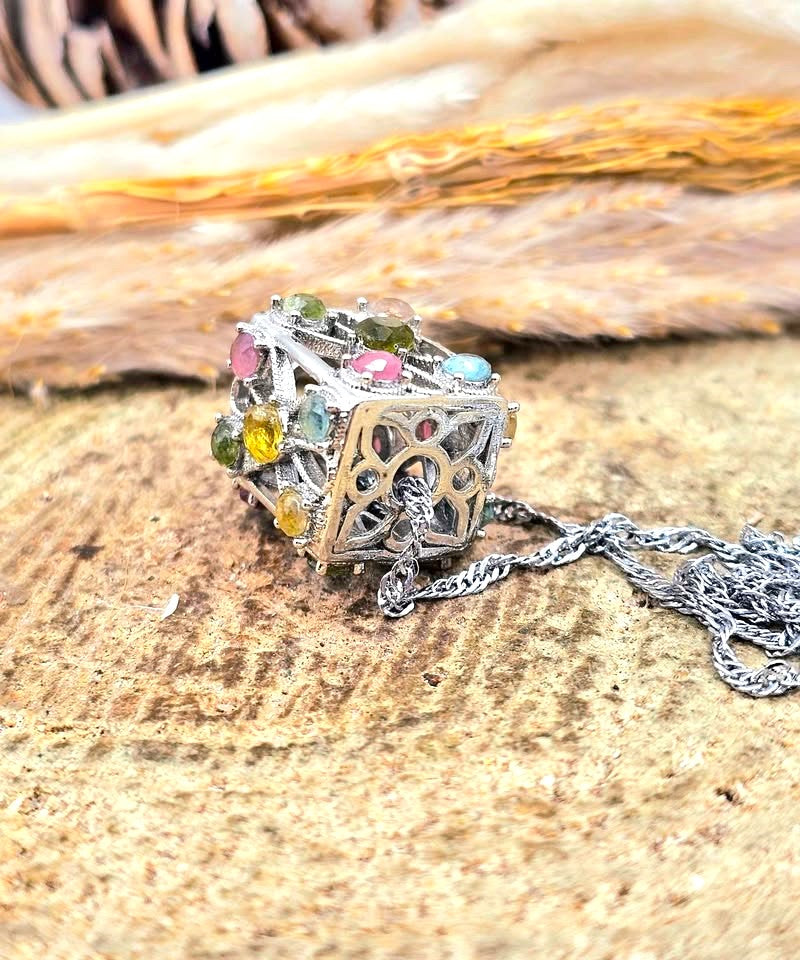 Natural rainbow faceted tourmaline rectangular cage crystal pendant necklace — My Aura Gemstones
