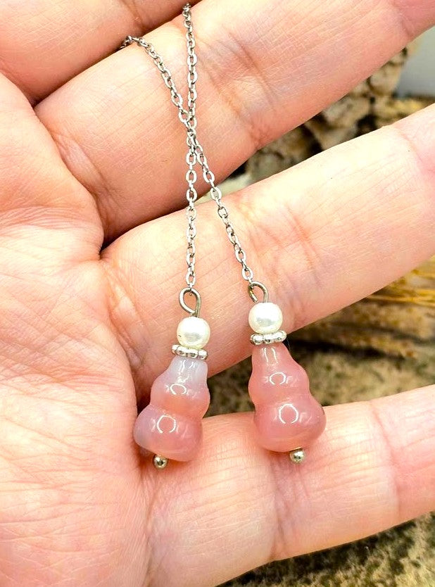 Pink agate blessing gourd dangle earrings with long silver chain threader