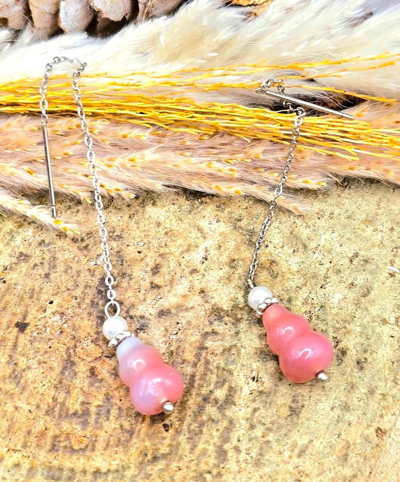 Pink agate blessing gourd dangle earrings with long silver chain threader