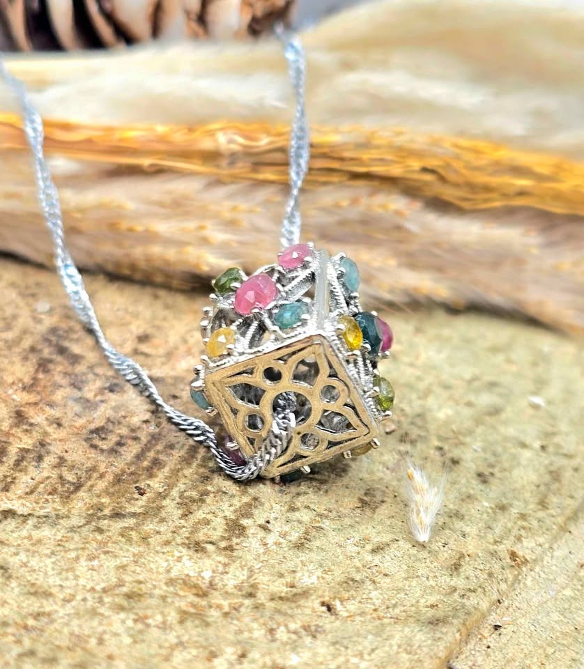 Natural rainbow faceted tourmaline rectangular cage crystal pendant necklace — My Aura Gemstones