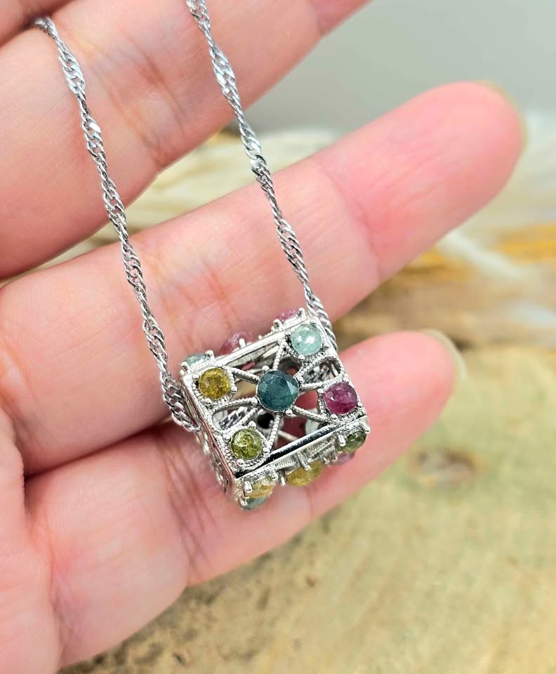 Natural rainbow faceted tourmaline rectangular cage crystal pendant necklace — My Aura Gemstones
