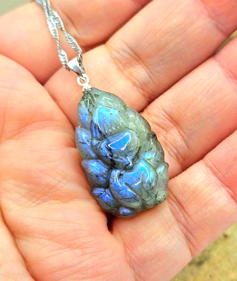 Natural labradorite carved standing nine tails fox with spreading tails crystal pendant necklace — My Aura Gemstones
