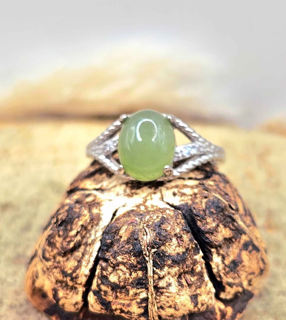 Natural Prehnite adjustable ring with green oval cabochon and twisted rope band - My Aura Gemstones