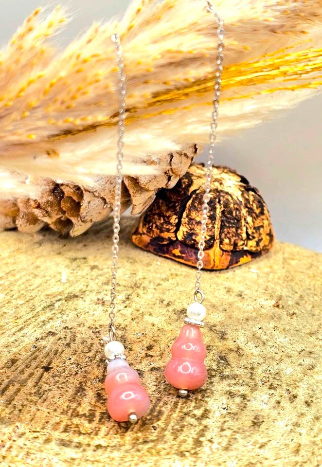 Pink agate blessing gourd dangle earrings with long silver chain threader