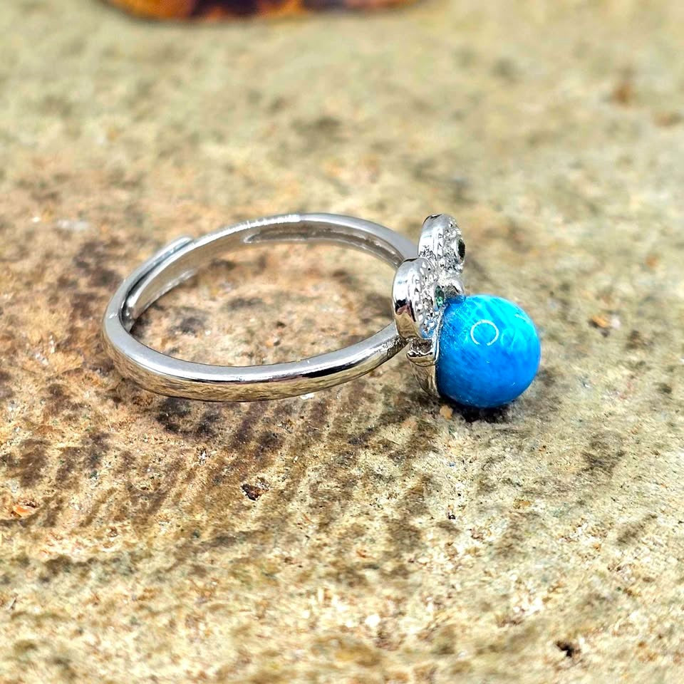 Natural Blue Apatite Owl Adjustable Ring featuring a genuine blue gemstone with a detailed silver-tone owl design.
