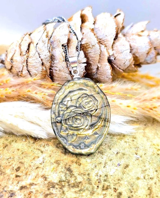 Natural labradorite carved roses and moon crystal pendant necklace — My Aura Gemstones
