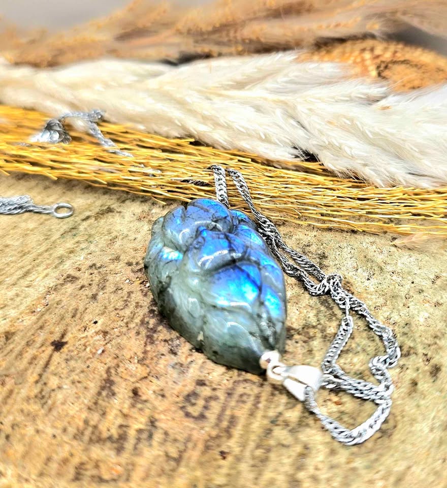 Natural labradorite carved standing nine tails fox with spreading tails crystal pendant necklace — My Aura Gemstones